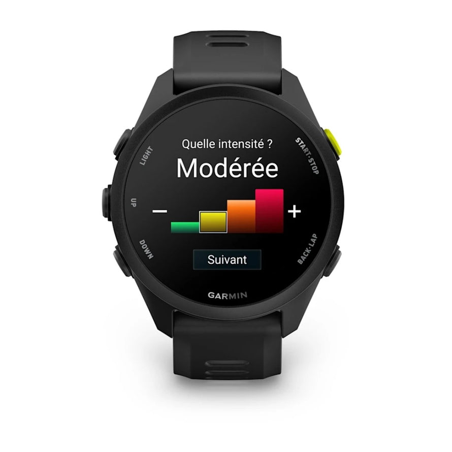 Montre connectee Garmin Forerunner 70 noire affichant ecran intensite sportive moderee avec graphique couleur
