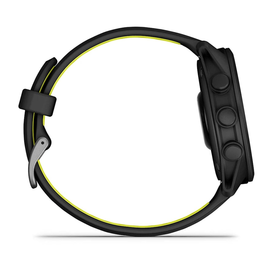 Profil lateral montre connectee Garmin Forerunner 70 noire avec bracelet interieur jaune et boutons sport