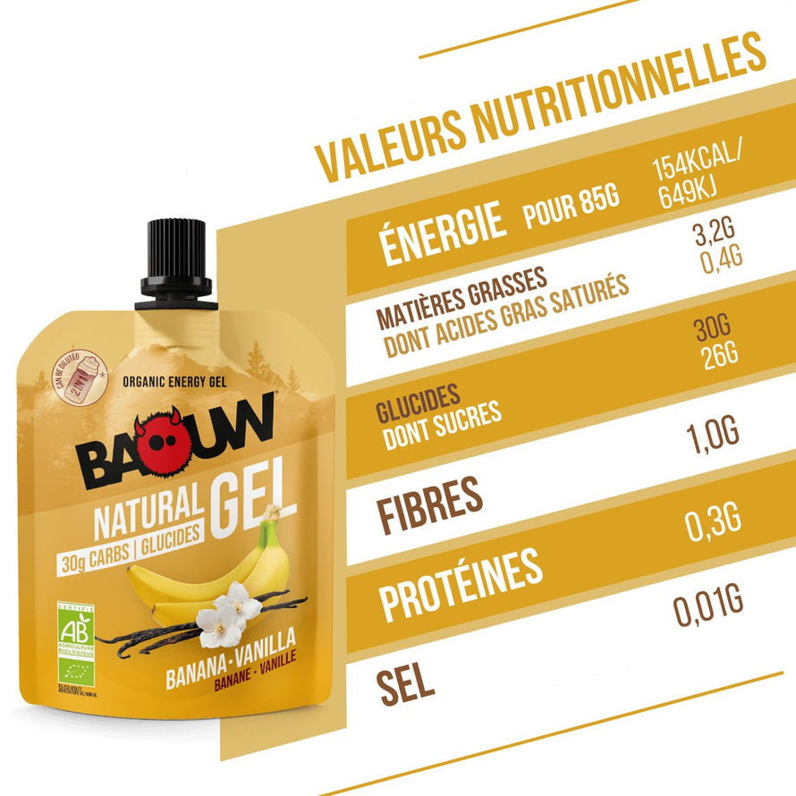 Gel energetique bio Baouw Banane Vanille 85g en gourde, source denergie naturelle pour cyclistes et sportifs