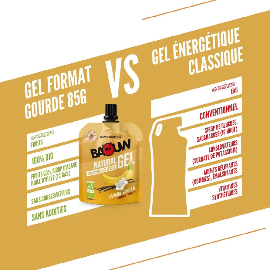 Gel energetique bio Baouw Banane Vanille 85g en gourde, energie naturelle sans conservateurs pour sportifs