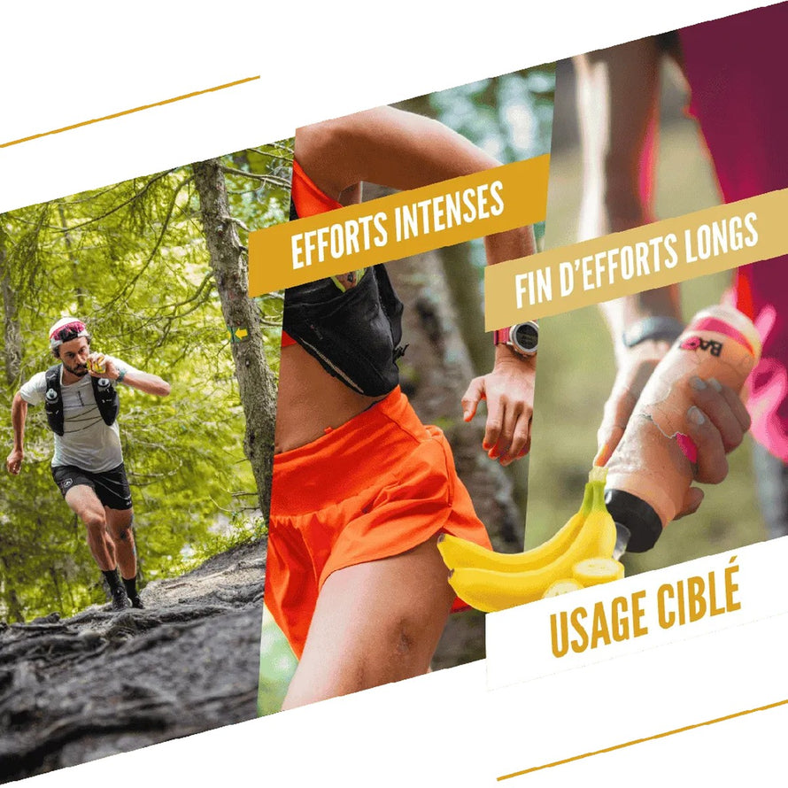 Gel energetique bio Baouw Banane Vanille 85g en gourde, ideal pour cyclisme et sport d'endurance