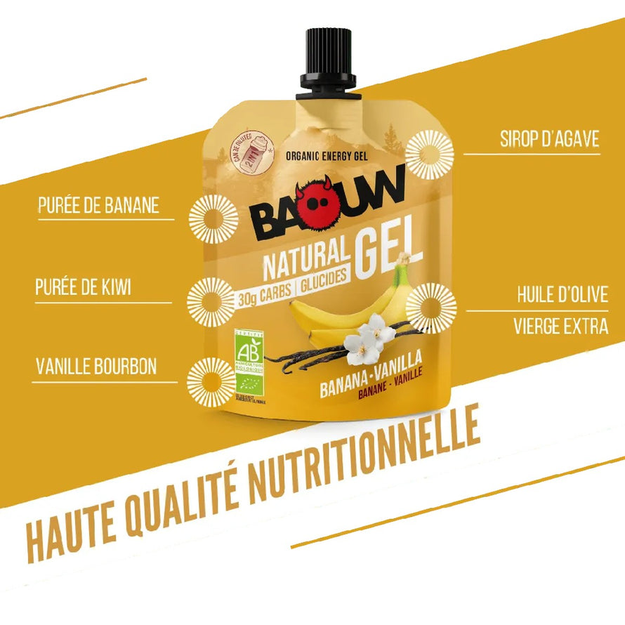 Gel energetique bio Baouw Banane Vanille 85g gourde pour cyclistes et sportifs en endurance