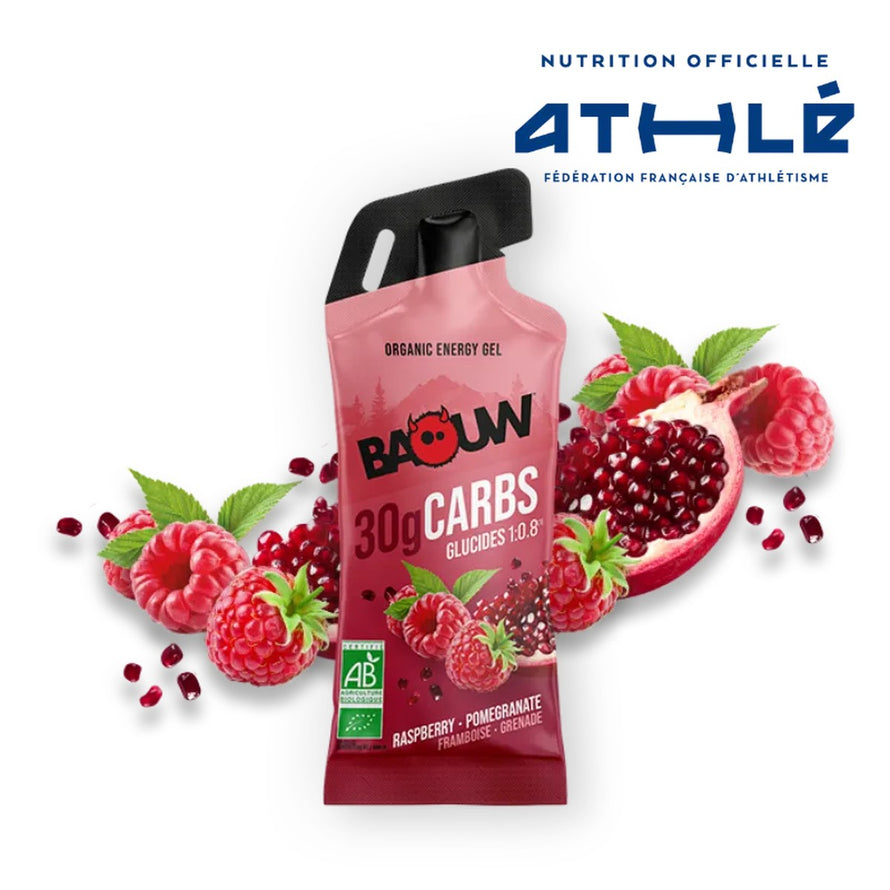 Gel energetique bio Baouw framboise grenade 44g stick saveur naturelle pour cyclistes exigeants