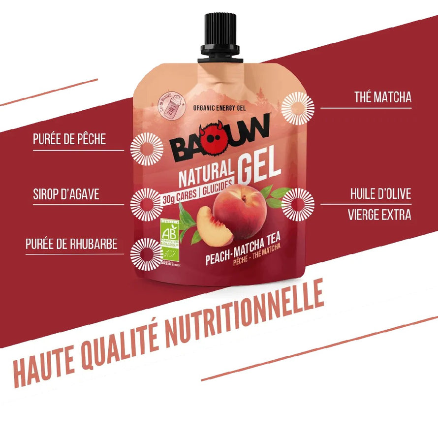 Gel energetique bio Baouw Peche The Matcha 85g en gourde pour energie naturelle sport et cyclisme
