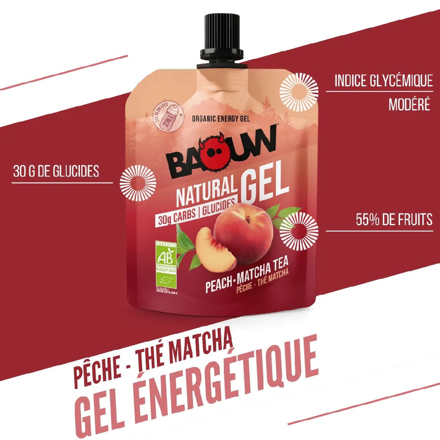 Gel energetique bio Baouw Peche The Matcha 85g en gourde pour cyclisme et sport endurance naturel