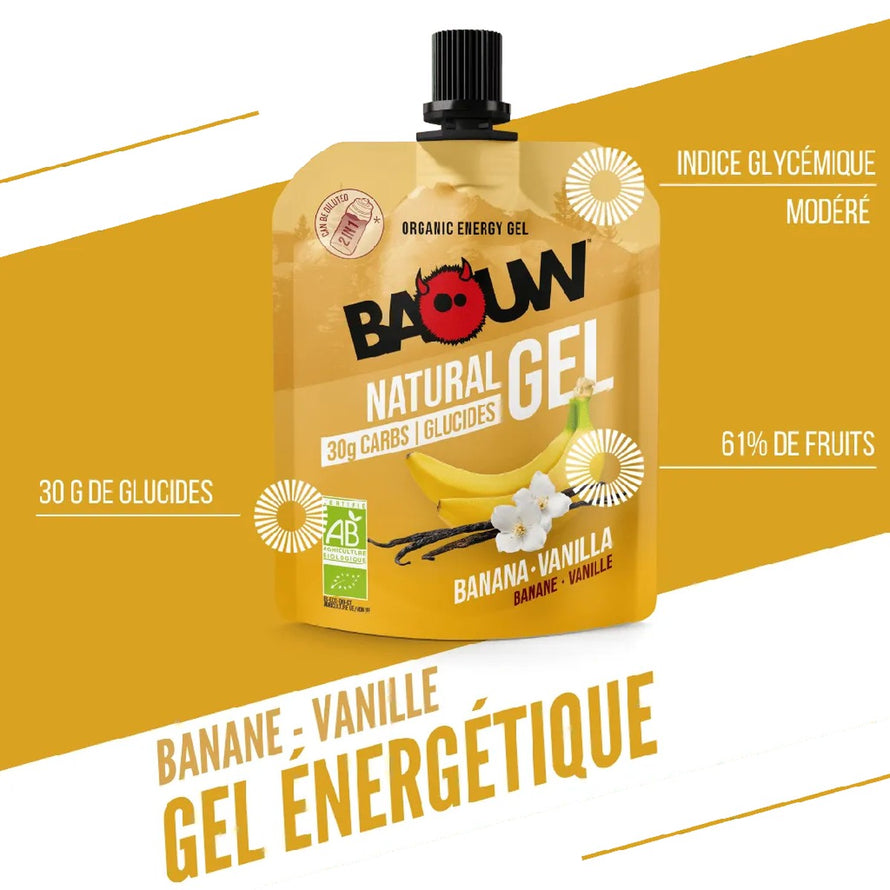 Gel energetique bio Baouw saveur banane vanille en gourde 85g pour sport endurance et cyclisme