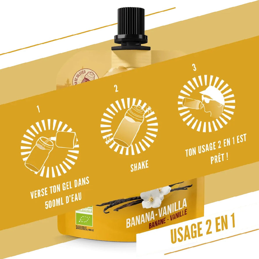 Gel energetique bio Baouw Banane Vanille 85g en gourde, energie naturelle pour cyclistes et sportifs