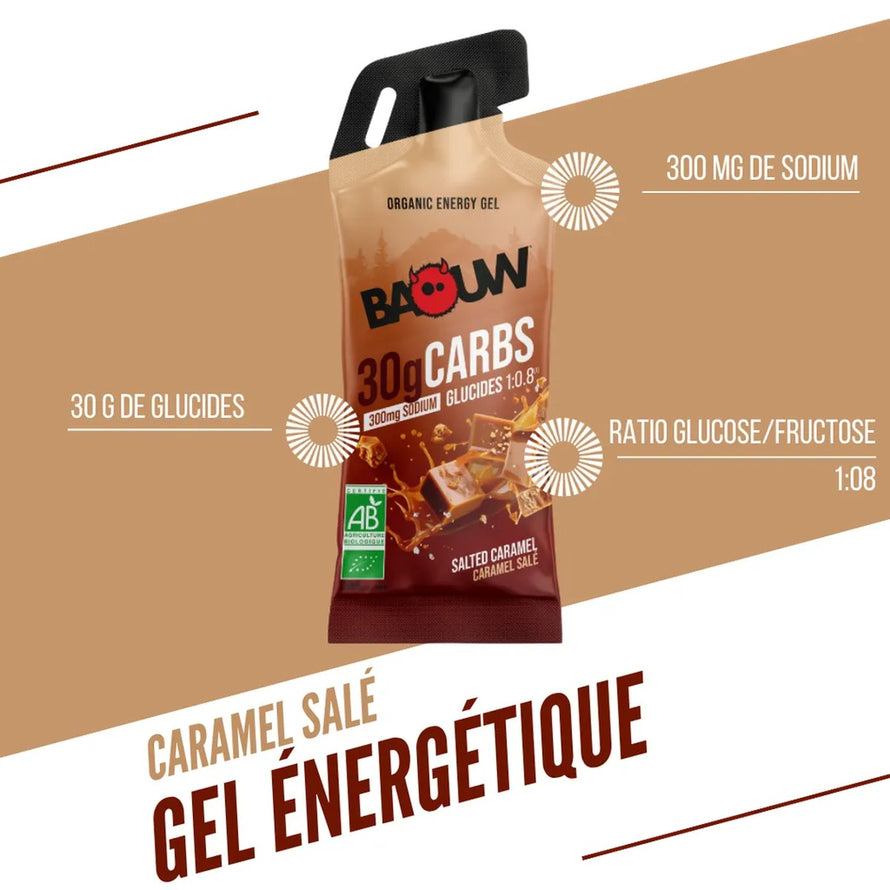 Gel energetique bio Baouw caramel sale stick 44g riche en glucides et sodium pour cyclistes