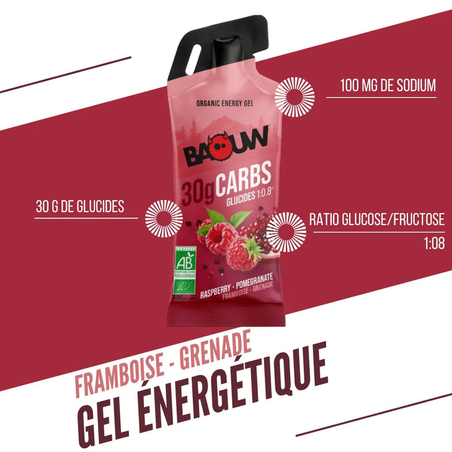 Gel energetique bio Baouw framboise grenade 44g stick riche en glucides pour cyclistes