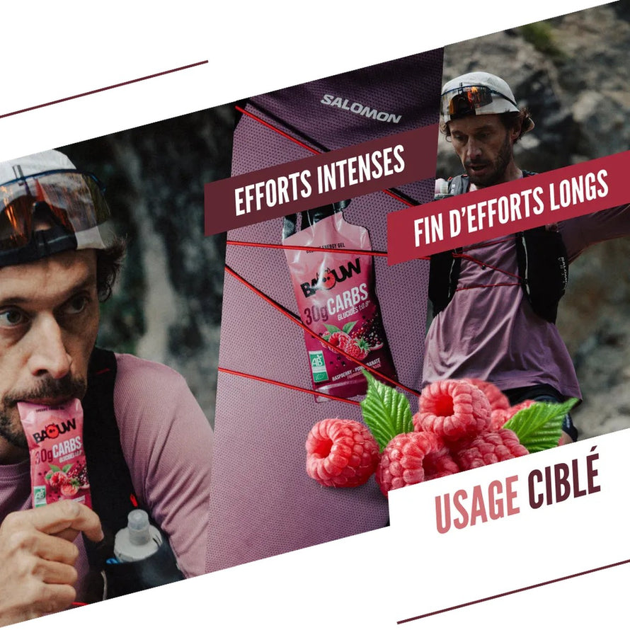Gel energetique bio Baouw framboise grenade stick 44g pour cyclistes bio energie naturelle