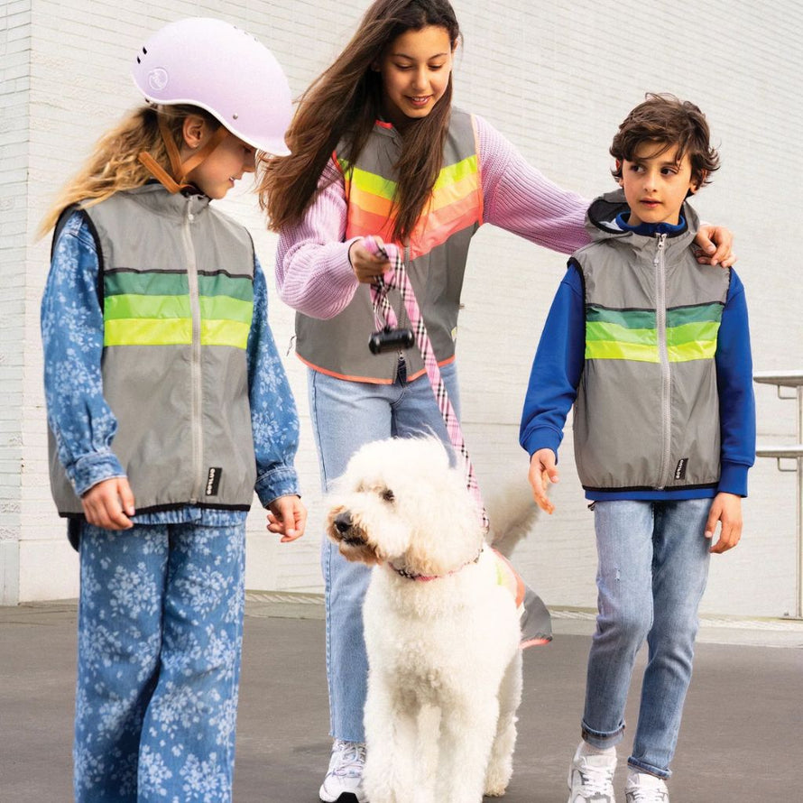 Gilet vélo GoFluo North pour enfant réfléchissant déperlant bodyglower fluo gris capuche fermeture éclair