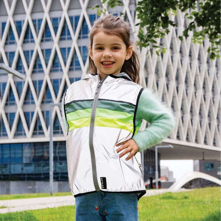 Gilet vélo GoFluo North pour enfant réfléchissant déperlant bodyglower fluo polyester gris capuche fermeture éclair