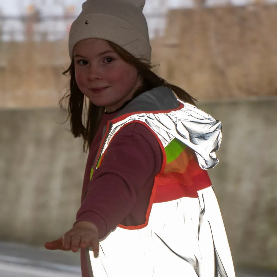 Gilet réfléchissant vélo enfant GoFluo Darkflow fermeture éclair capuche déperlant  polyester design grey reflective 