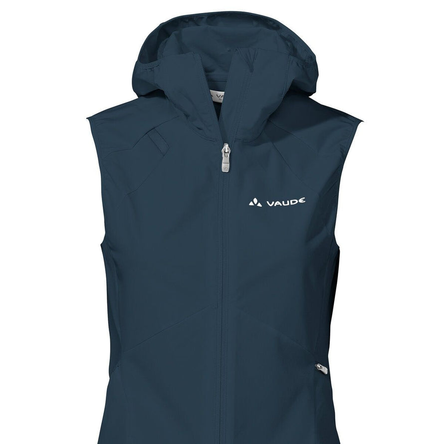 Gilet vélo coupe-vent Vaude Scopi femme avec capuche et zip, léger et confortable pour sorties cyclistes