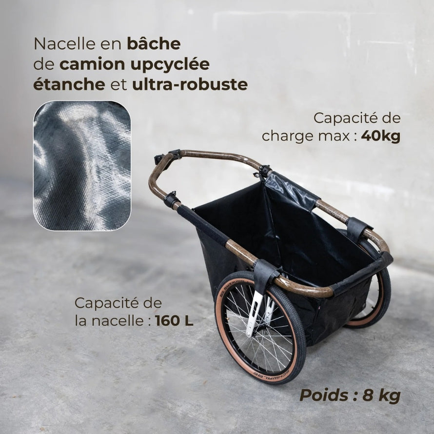 Remorque utilitaire vélo Maïna 20 Globeforyou avec bâche étanche et structure ultra-robuste pour charge jusqu'à 40 kg