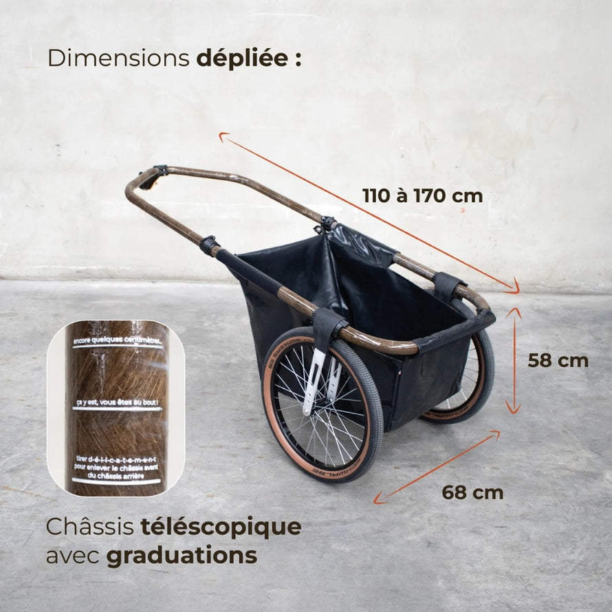 Remorque utilitaire vélo Maïna 20 Globeforyou avec châssis télescopique gradué pour ajustement facile et transport pratique