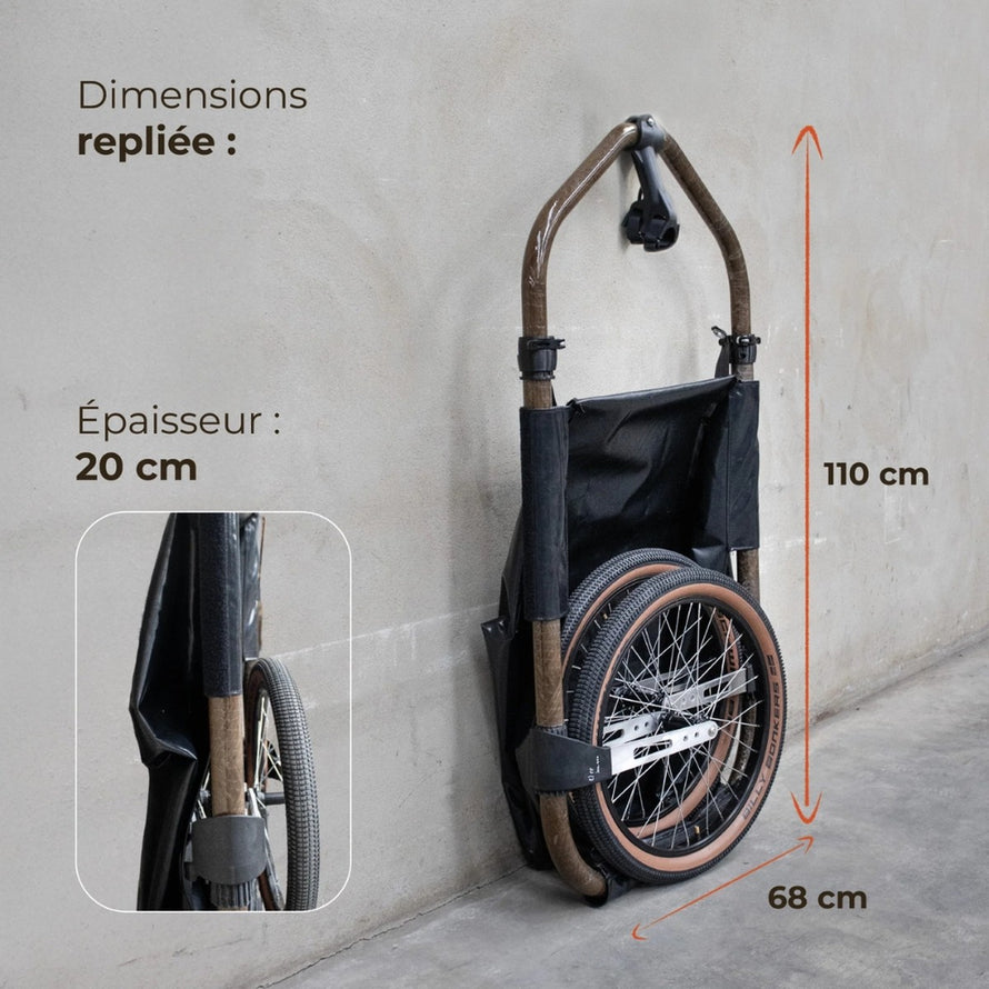 Remorque utilitaire vélo Maïna 20 Globeforyou pliée, dimensions compactes 110x68x20 cm pour rangement facile