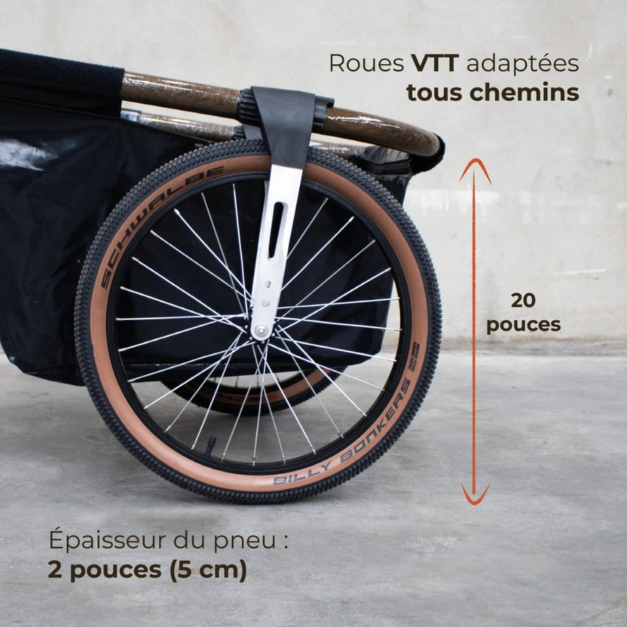 Remorque utilitaire velo Maïna 20 Globeforyou avec roues VTT 20 pouces adaptees a tous types de chemins