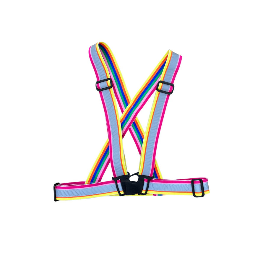 Harnais reflechissant Suzon & Suzette avec rayures multicolores pour une visibilite accrue a velo