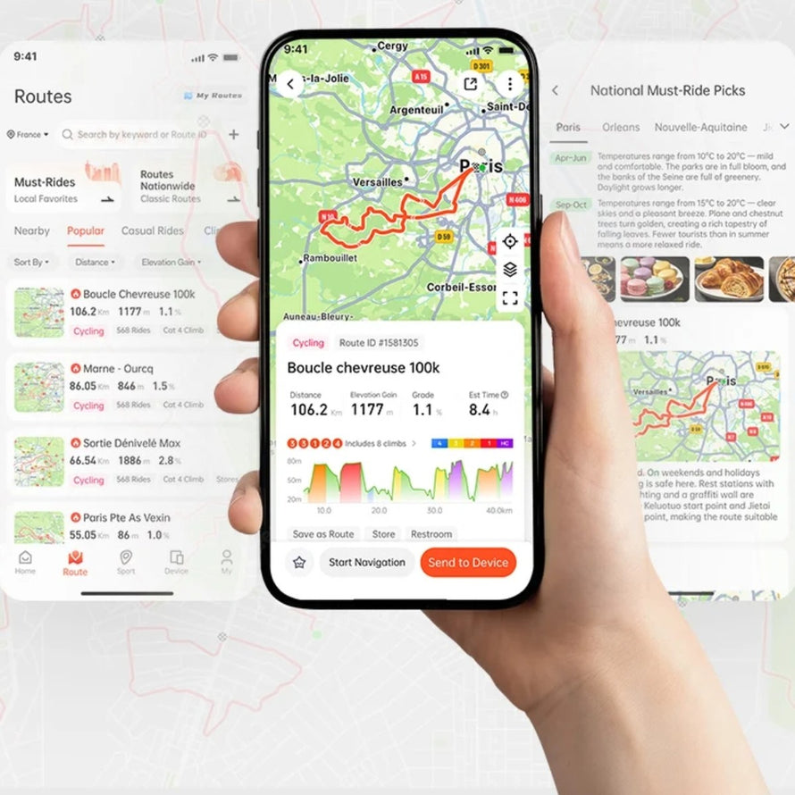 Application mobile igpsport BSC200 Pro affichant itinéraire vélo avec distance et dénivelé pour cyclistes connectés