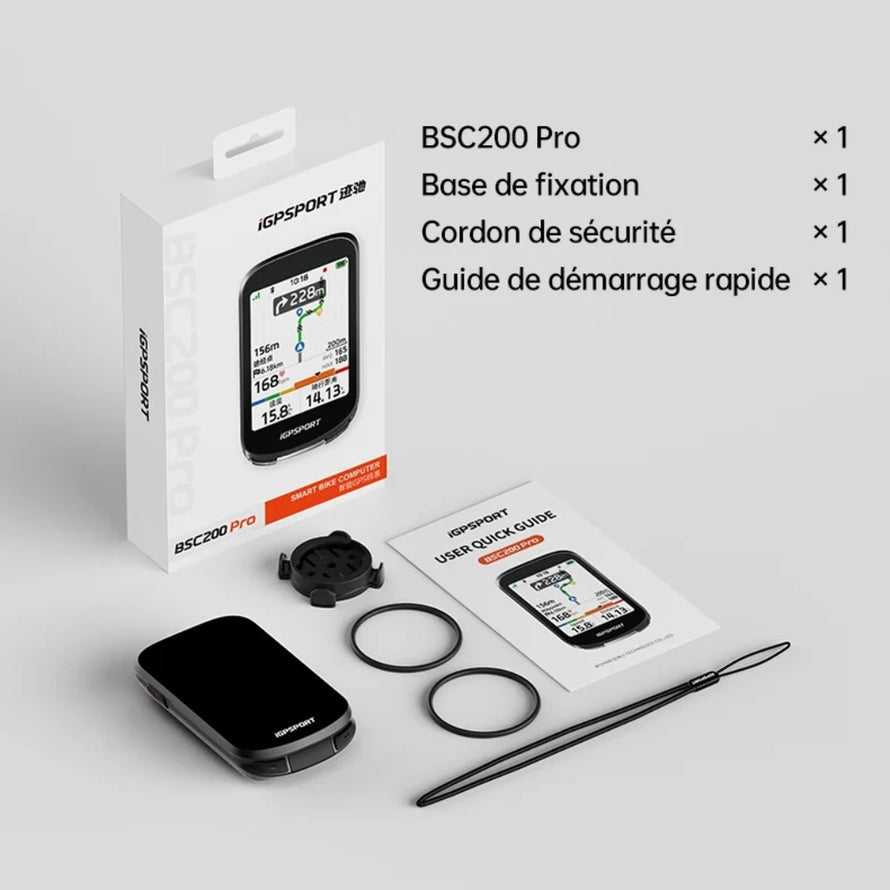 Contenu du pack compteur GPS vélo igpsport BSC200 Pro avec accessoires et guide de démarrage rapide