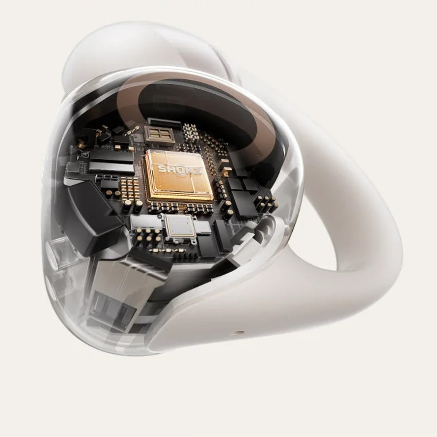 Vue detaillee de l interieur des ecouteurs bluetooth velo Shokz Opendots 2 avec technologie avancee