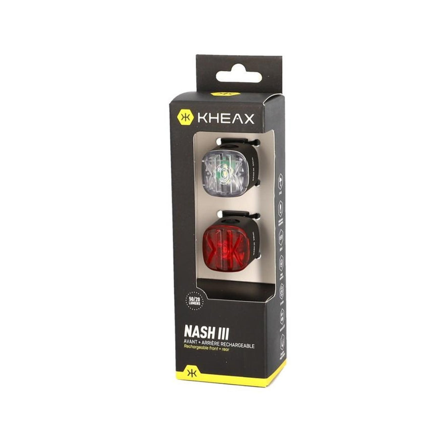 Kit eclairage avant et arriere rechargeable Kheax Nash III pour velo, securite optimale jour et nuit
