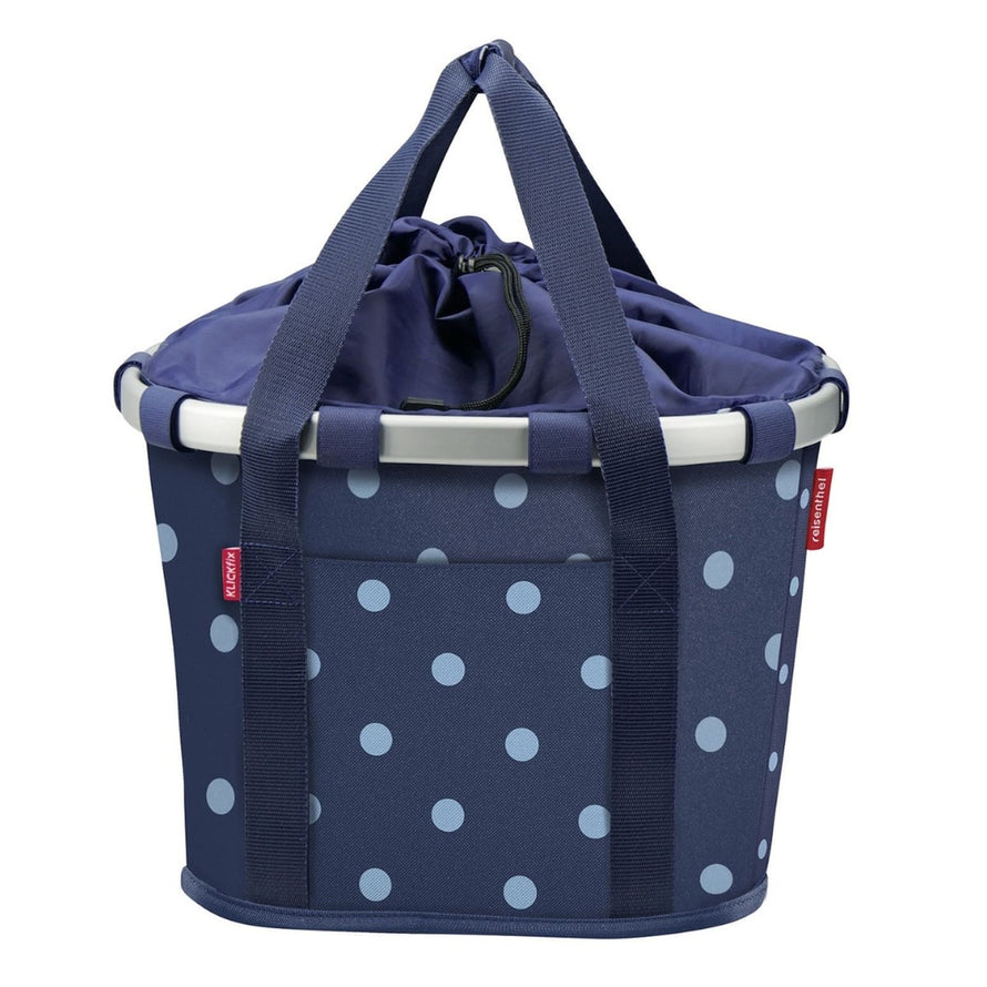 Panier avant vélo Klickfix Bikebasket 15L bleu à pois, pratique et léger pour vos trajets urbains quotidiens