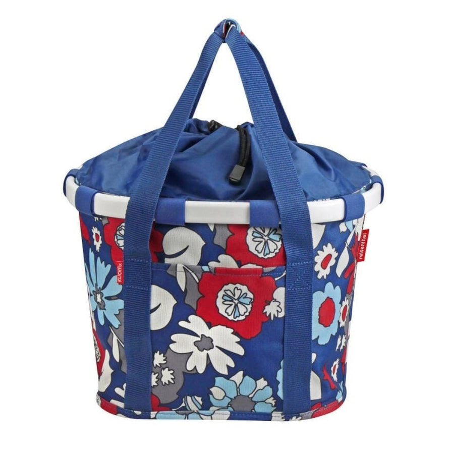 Panier avant vélo Klickfix Bikebasket 15L motif fleurs bleu rouge, léger et pratique pour transport urbain sécurisé