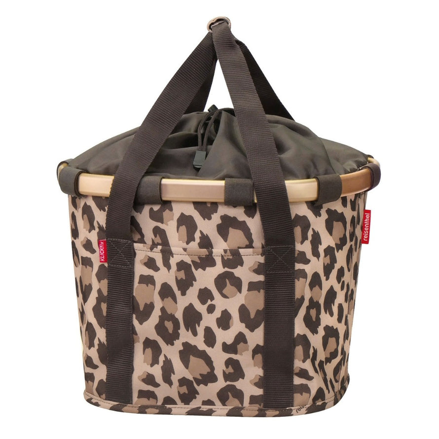 Panier avant vélo Klickfix Bikebasket 15L motif leopard avec poignées pratiques pour transport urbain