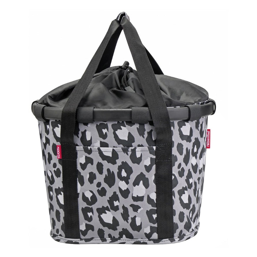 Panier avant velo Klickfix Bikebasket 15L motif leopard gris avec fermeture cordon pratique et design urbain