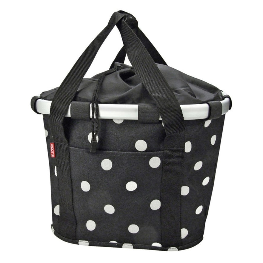Panier avant vélo Klickfix Bikebasket 15L noir à pois blancs avec cordon de fermeture, pratique et élégant pour la ville