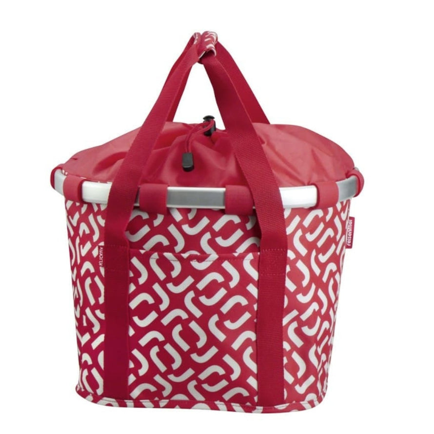 Panier avant vélo Klickfix Bikebasket 15L rouge avec motif blanc, léger et facile à transporter en ville