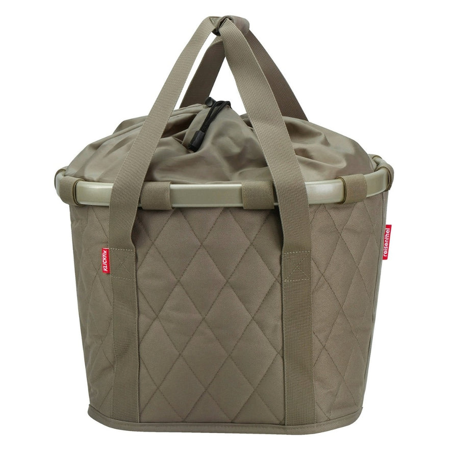 Panier avant vélo Klickfix Bikebasket 15L taupe matelassé avec fermeture zip, idéal pour balades urbaines