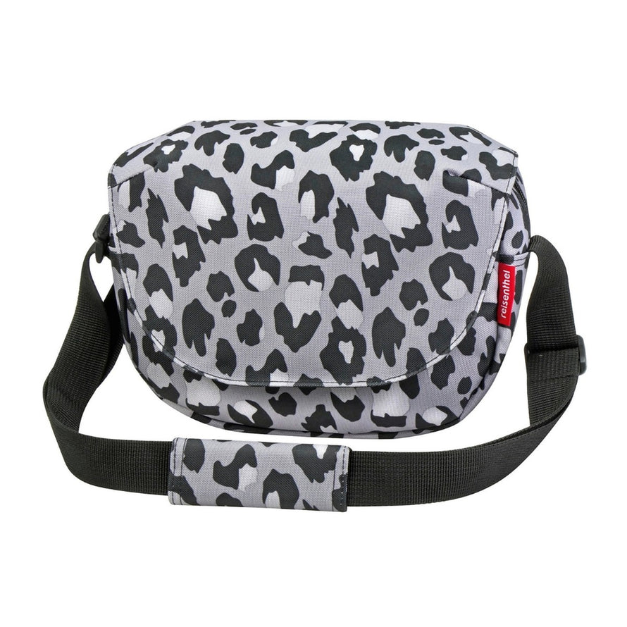 Sacoche guidon Klickfix Reisenthel FunBag 4L motif leopard gris avec bandouliere noire, pratique et convertible