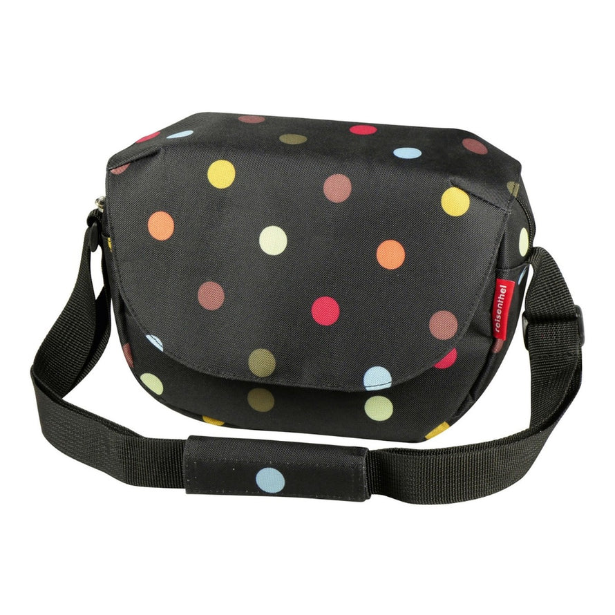 Sacoche guidon Klickfix FunBag 4L noire à pois multicolores avec bandoulière ajustable, pratique et stylée pour vélo urbain