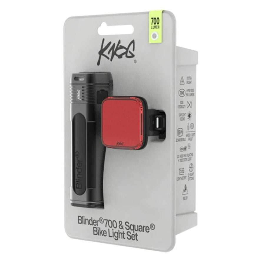 Kit eclairage velo Knog Blinder 700 et Square avec lampe avant et feu arriere LED compact et rechargeable