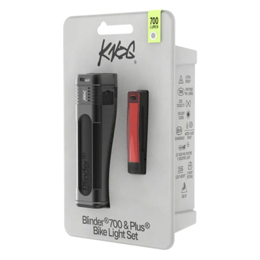 Kit eclairage velo Knog Blinder Pro 700 Plus noir avec feu avant et arriere LED et recharge USB pour securite cycliste