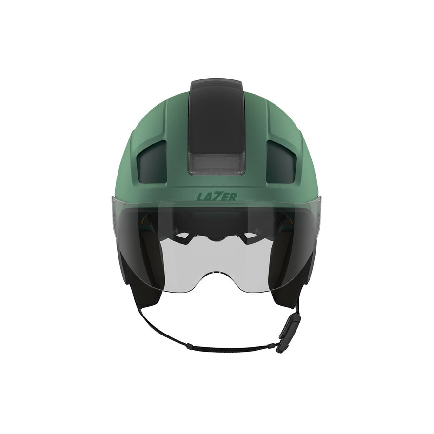 Casque velo urbain Lazer Nova KinetiCore LED Winterkit vert avec visiere integrée pour trajets en ville