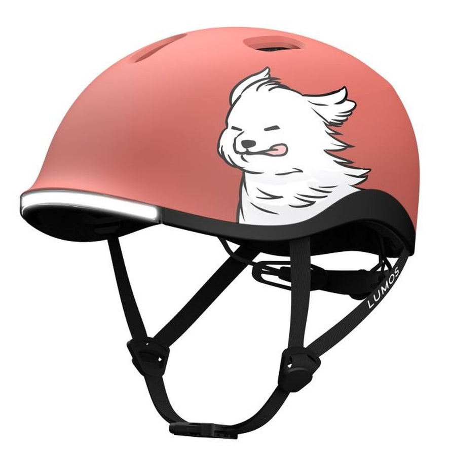 Casque velo Lumos Nyxel rose avec dessin chien blanc et eclairage LED pour securite cycliste