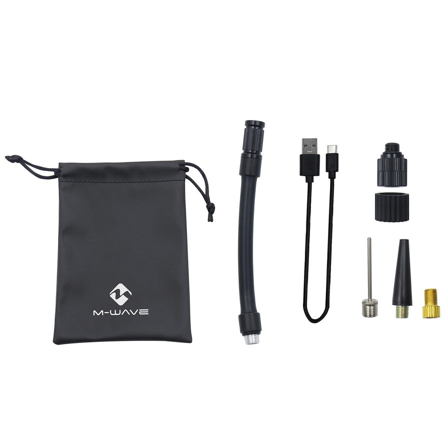 Accessoires complets pour mini compresseur digital M-Wave Elumatik pour velo avec cables et adaptateurs