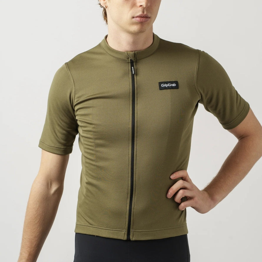 Maillot manches courtes GripGrab EXPLR Merinotech en laine mérinos olive avec fermeture éclair pour cyclisme