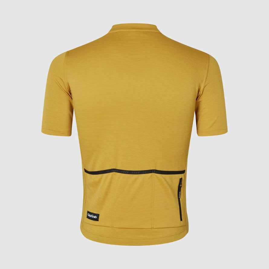 Dos du maillot manches courtes laine merinos GripGrab EXPLR Merinotech moutarde avec poches pratiques