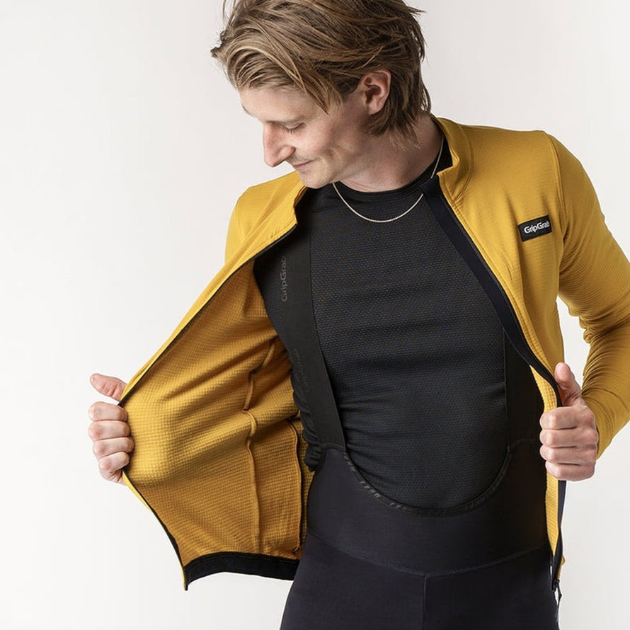 Maillot thermique GripGrab Merinotech Explr jaune moutarde manches longues avec fermeture éclair pour cyclisme hiver