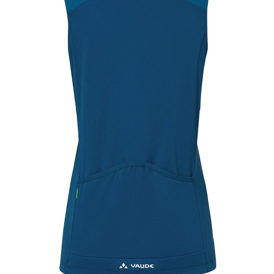 Maillot sans manches femme Vaude Matera FZ bleu avec poches arrière, respirant et confortable pour cyclisme estival