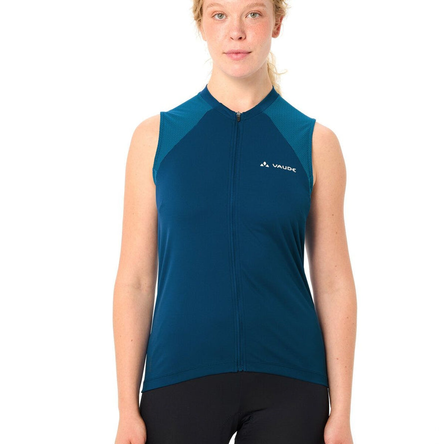 Maillot vélo femme Vaude Matera FZ bleu sans manches avec zip avant, confortable et technique pour été