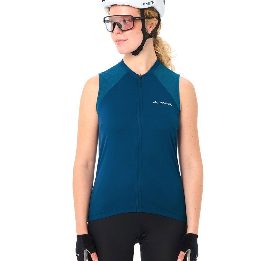 Maillot sans manches femme Vaude Matera FZ bleu, zip intégral, léger et respirant pour cyclisme estival