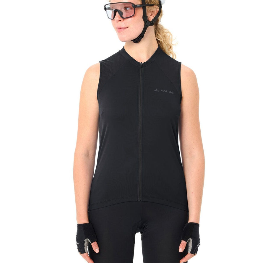 Maillot sans manches femme Vaude Matera FZ noir avec zip intégral, idéal pour cyclisme estival confortable et technique