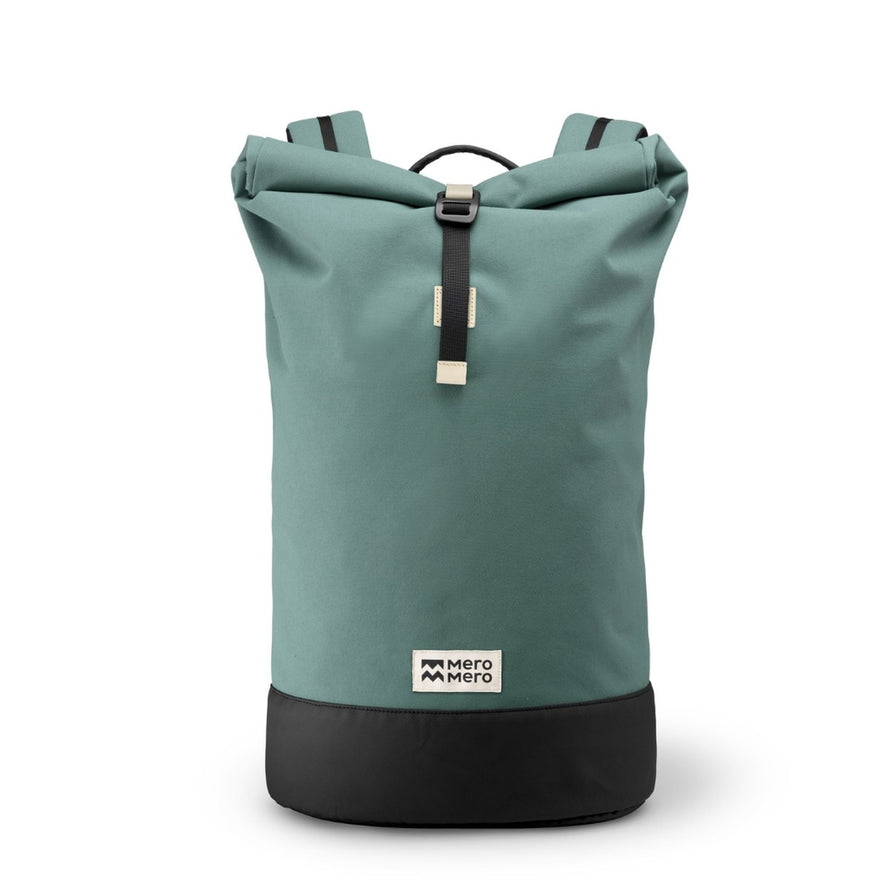 Sac a dos roll-top Meromero Squamish V3 bleu vert avec base noire, ideal pour trajets urbains a velo