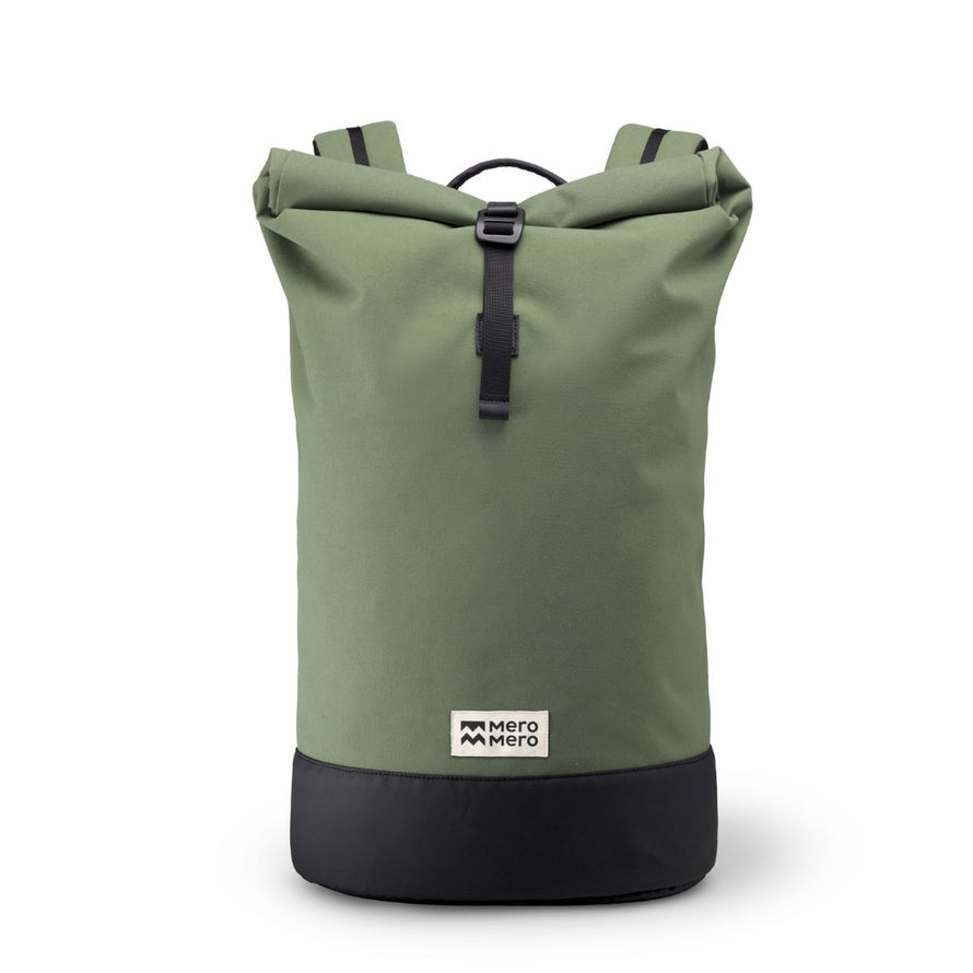 Sac a dos roll-top MeroMero Squamish V3 kaki avec base noire, ideal pour cyclistes urbains et trajets quotidiens
